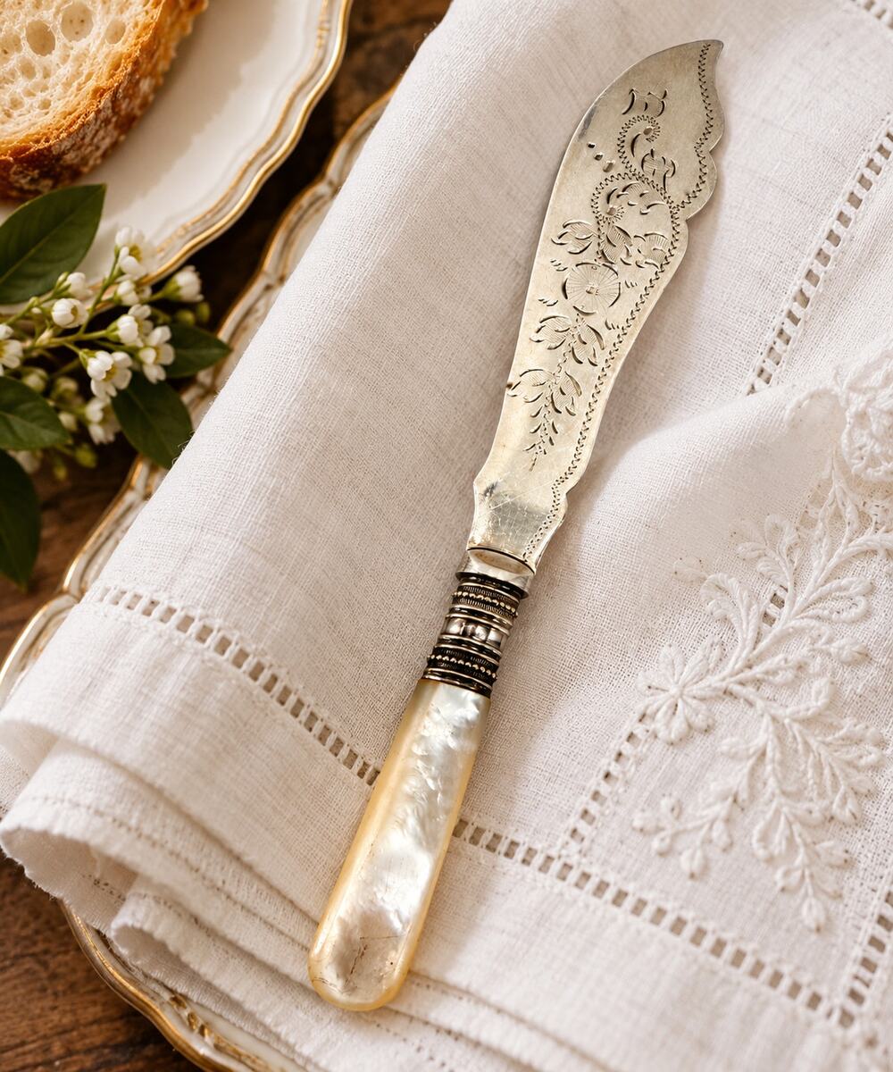 Antique EPNS Mother Of Pearl Butter Knife Engraved Floral Silver Plate 6.5 Inch